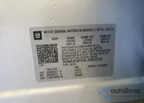 2020 Chevrolet Equinox Lt из США, поврежденный, VIN 3GNAXUEVXLS657372